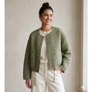 BLANKNYC Heart Quilted Boho Jacket Sage Green Cotton Puffer Boxy Snap Front L